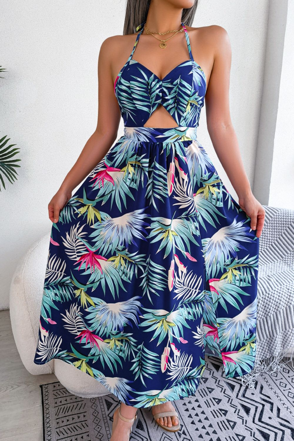 Botanical Print Tied Backless Cutout Slit Dress (3 Variants)