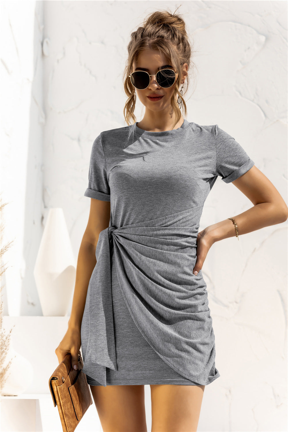 Round Neck Cuffed Sleeve Side Tie Dress (4 Variants)