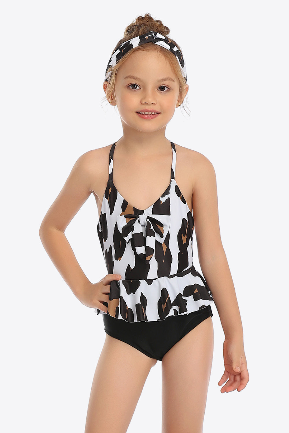 Girls Printed Bow Detail Ruffled One-Piece Swimsuit