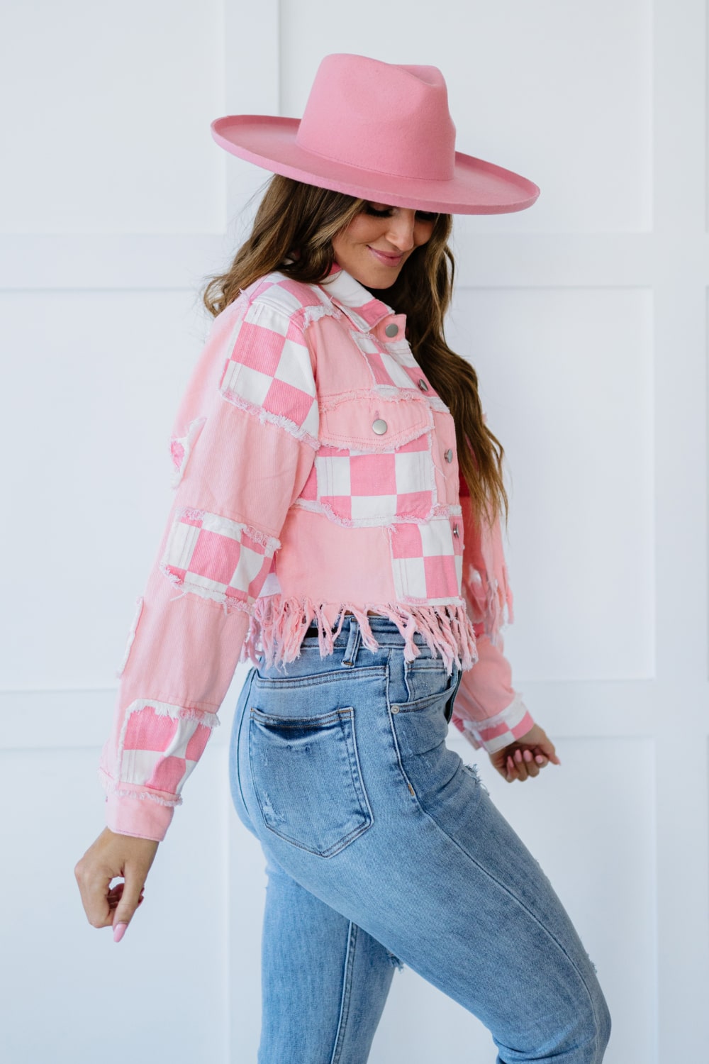 POL Life's a Picnic Checkered Fringe Detail Cropped Jacket