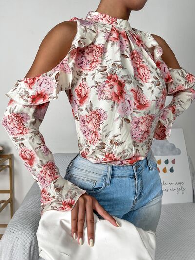 Floral Cold Shoulder Ruffle Trim Blouse