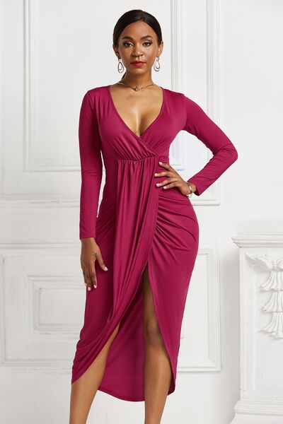 High-low Ruched Surplice Long Sleeve Dress (7 Variants)