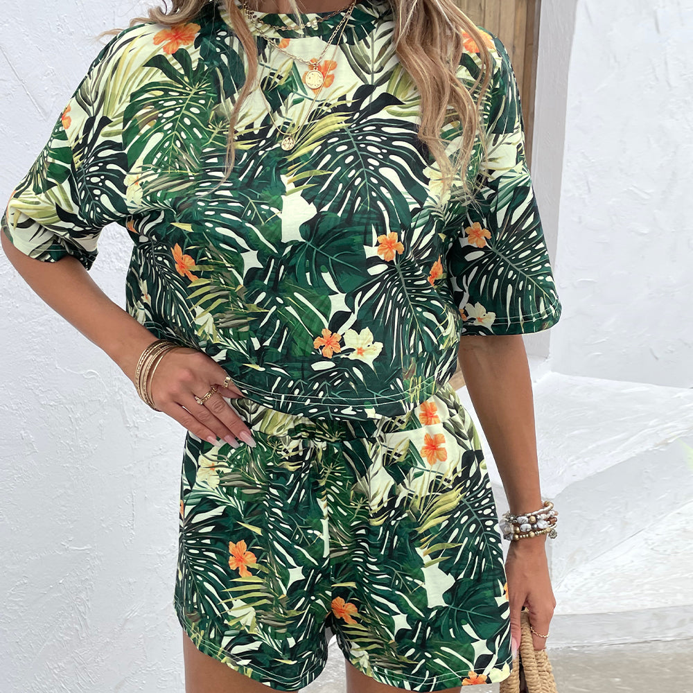 Green Palm Leaves Print Shirt & Shorts Set