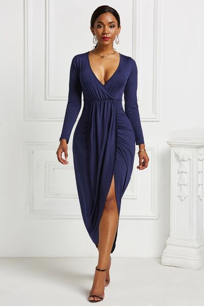 High-low Ruched Surplice Long Sleeve Dress (7 Variants)