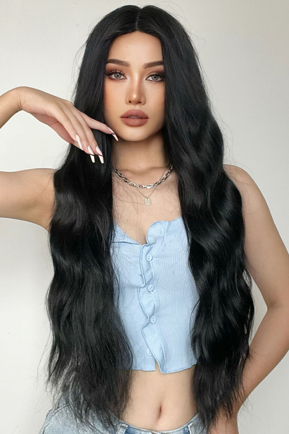 28" Long Black Deep Wave Synthetic Wig