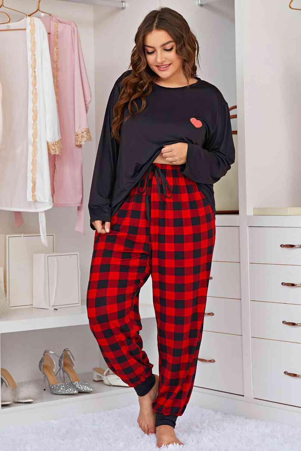 Plus Size Heart Top and Plaid Joggers Lounge Set