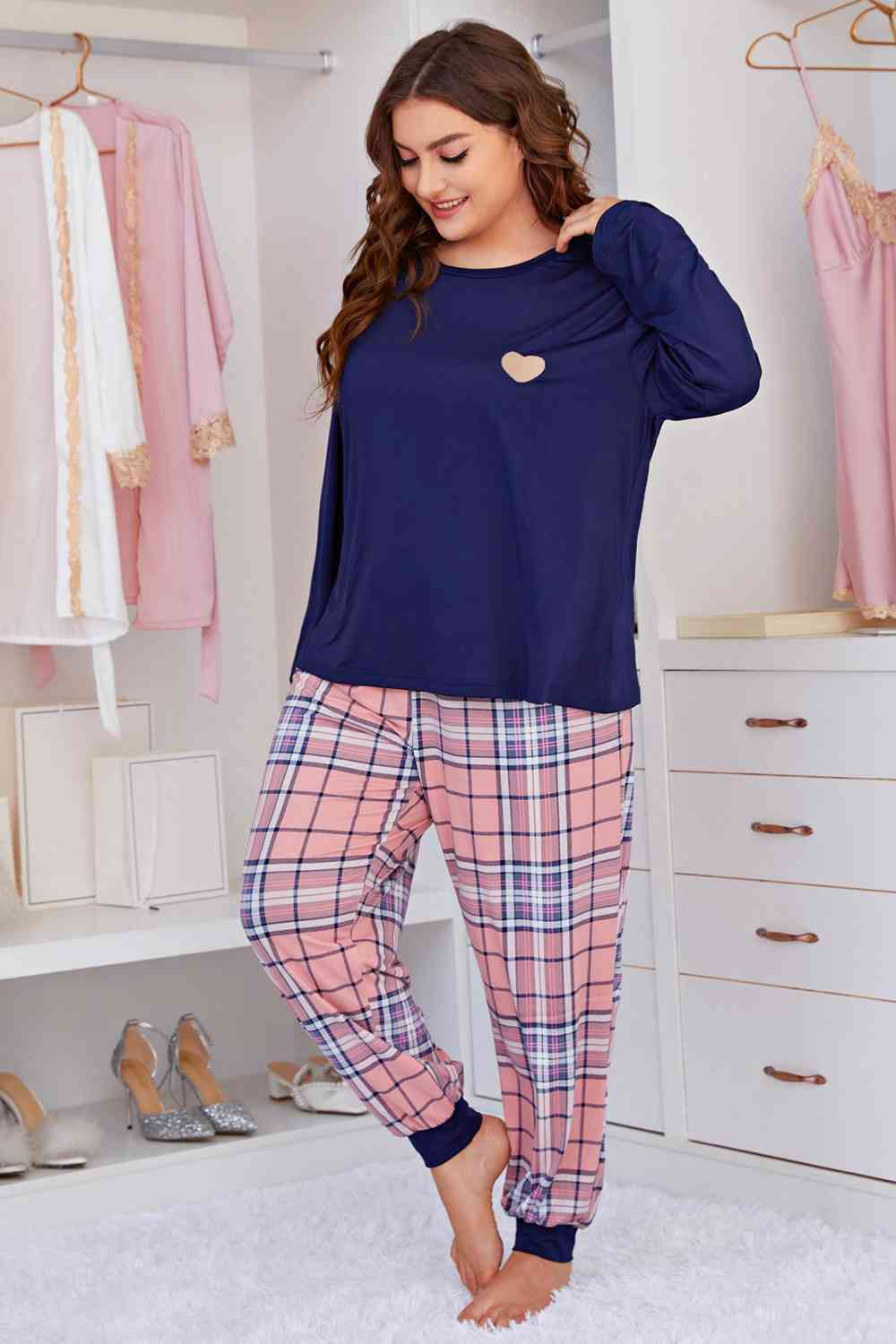 Plus Size Heart Top and Plaid Joggers Lounge Set