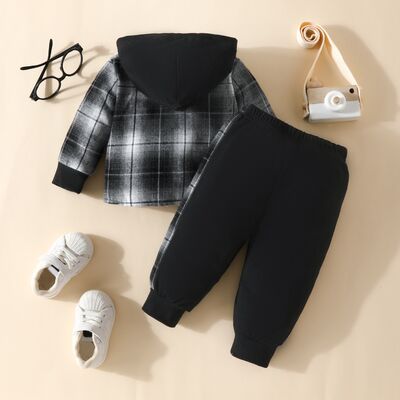 Boys Plaid Button Up Hoodie and Pants Set