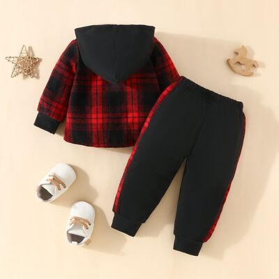 Boys Plaid Button Up Hoodie and Pants Set