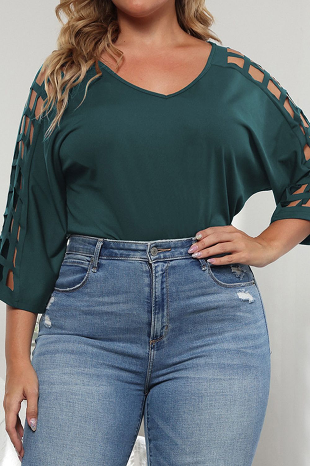 Confident Cutout Full Size Three-Quarter Sleeve Blouse