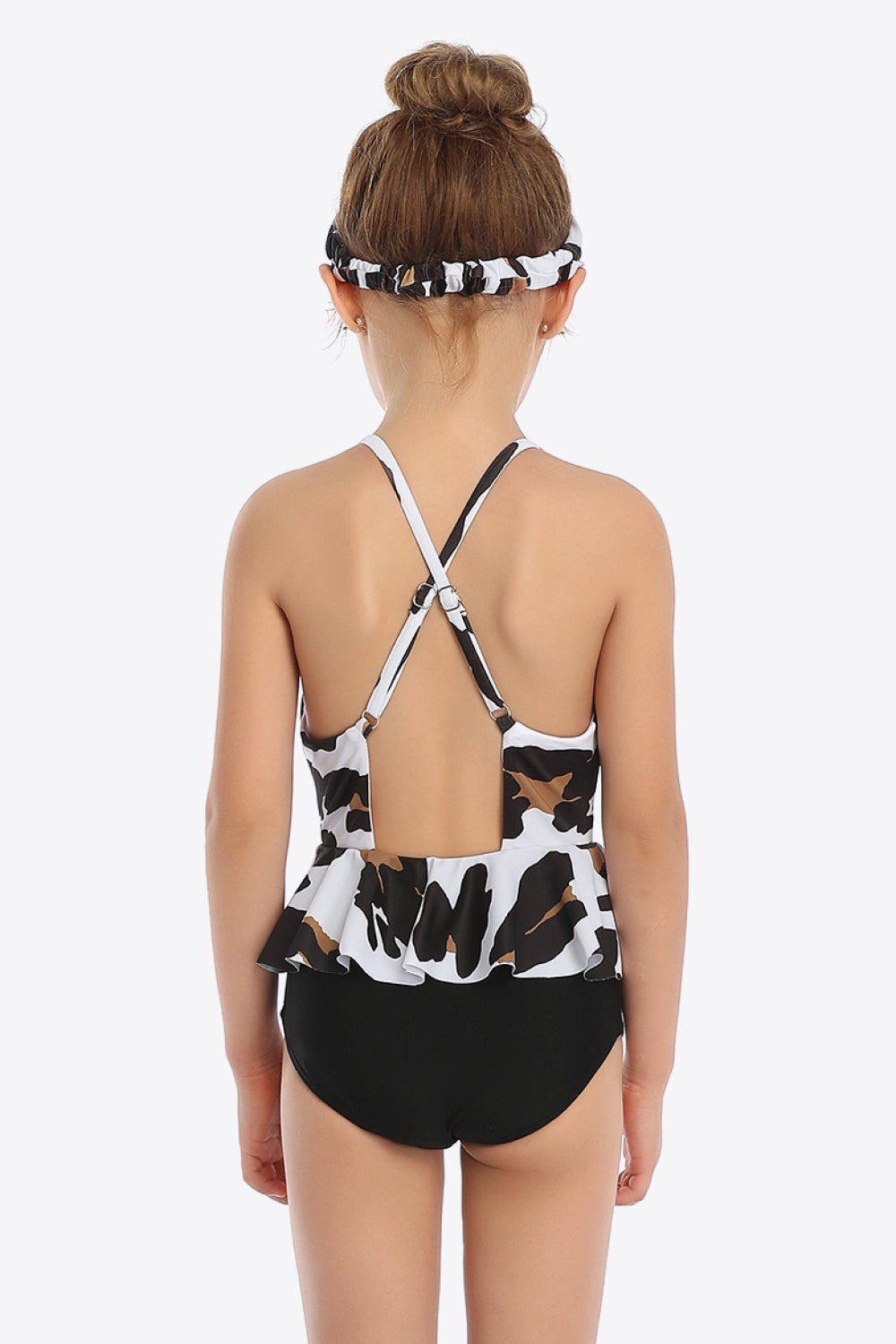 Girls Printed Bow Detail Ruffled One-Piece Swimsuit