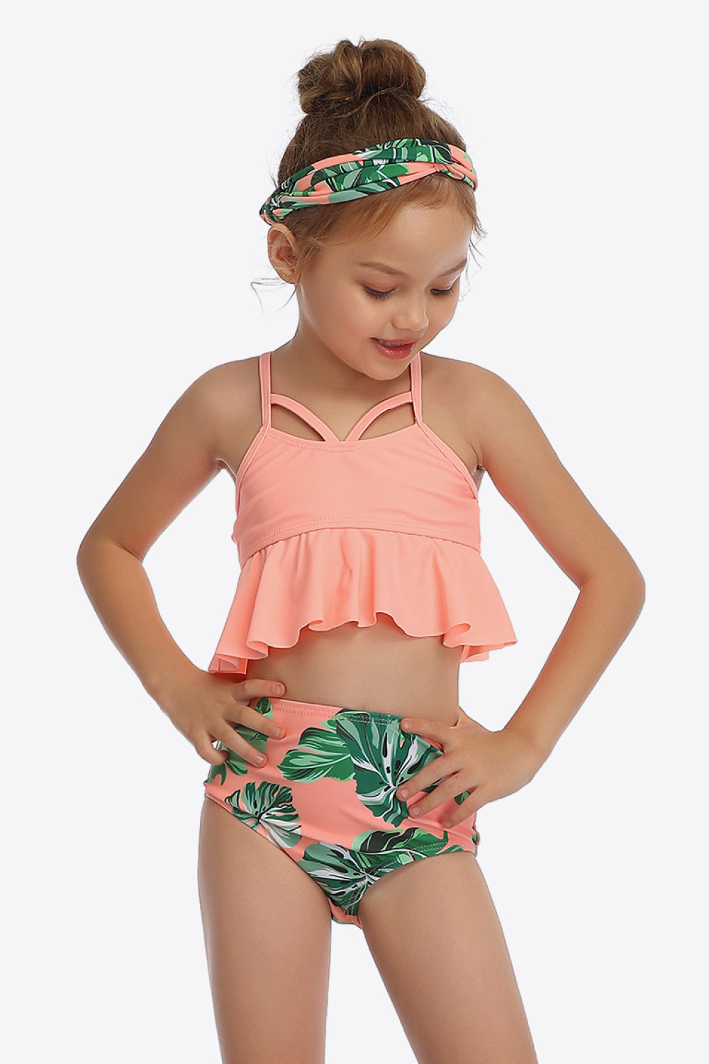 Girls Botanical Print Crisscross Ruffled Two-Piece Swim Set