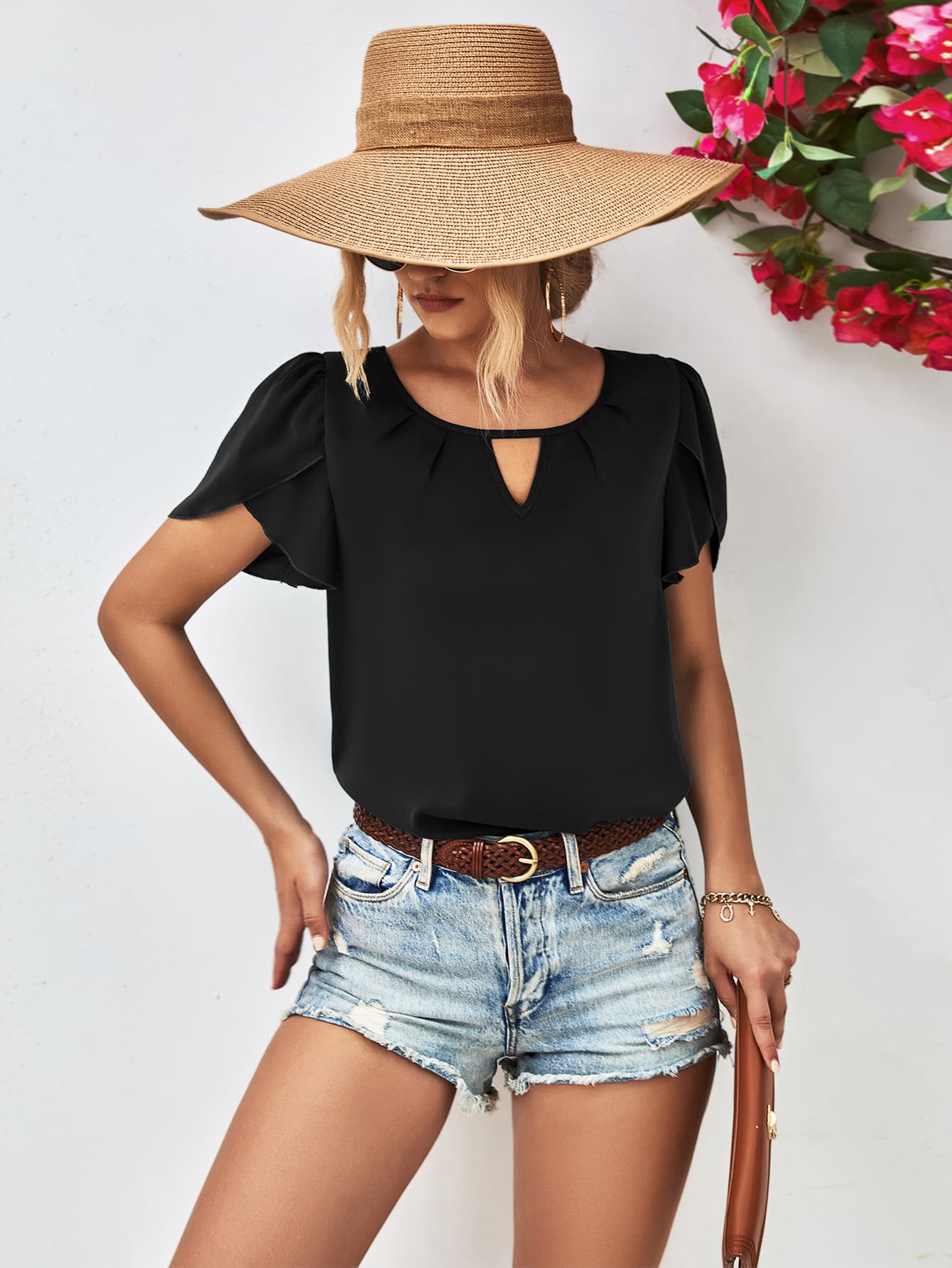 Cutout Round Neck Petal Sleeve Blouse (2 Variants)