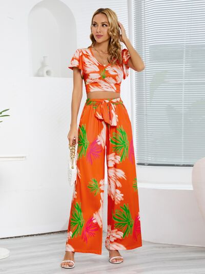 Tropical V-Neck Top & Tied Pants Set (3 Variants)