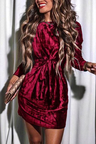 Tied Round Neck Long Sleeve Dress (2 Variants)