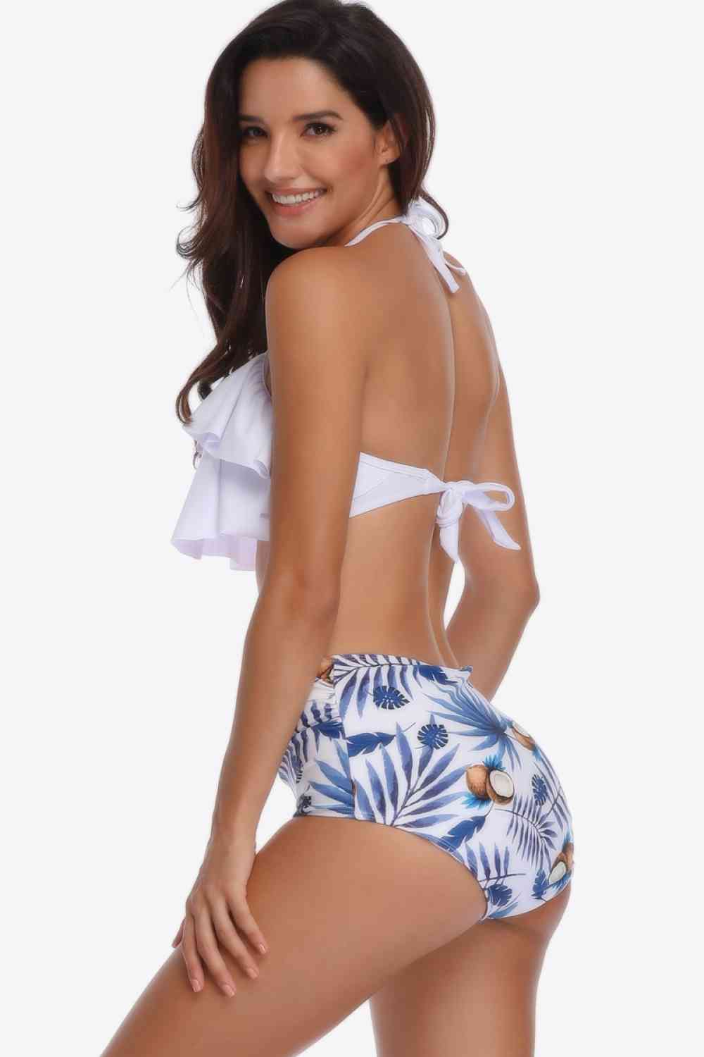 Two-Tone Ruffled Halter Neck Two-Piece Swimsuit (12 Variants)