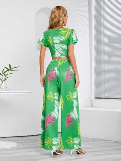 Tropical V-Neck Top & Tied Pants Set (3 Variants)