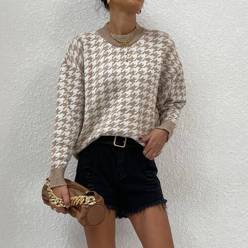 Houndstooth Round Neck Drop Shoulder Sweater