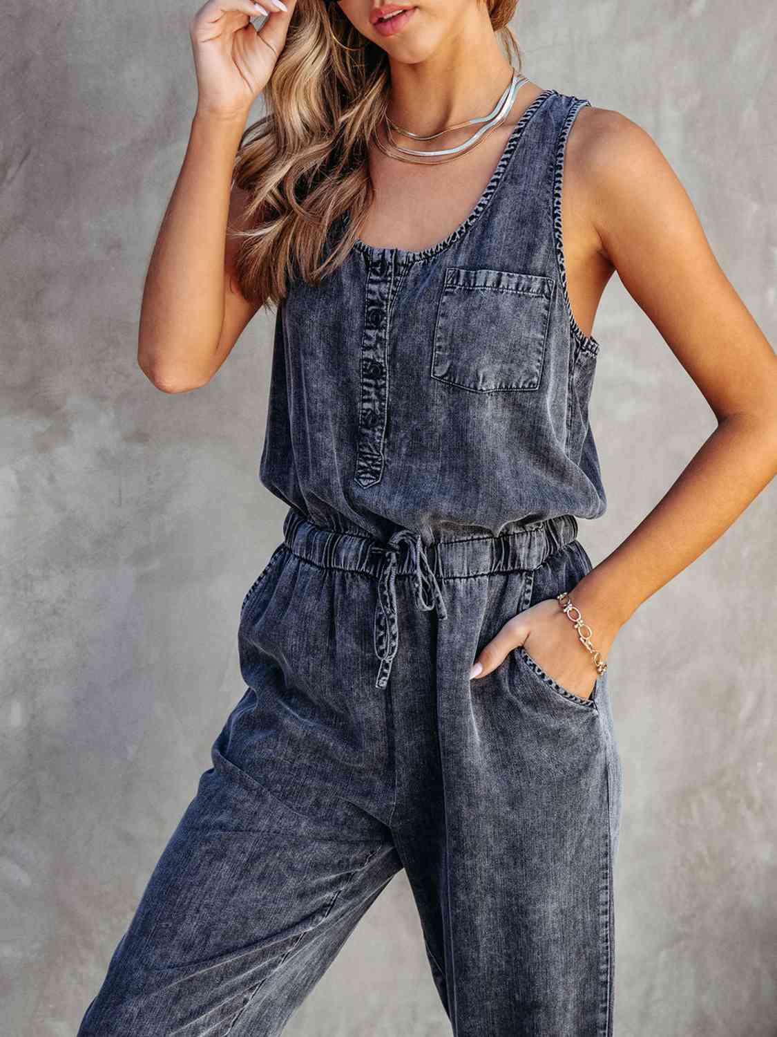 Drawstring Waist Sleeveless Jumpsuit (3 Variants)