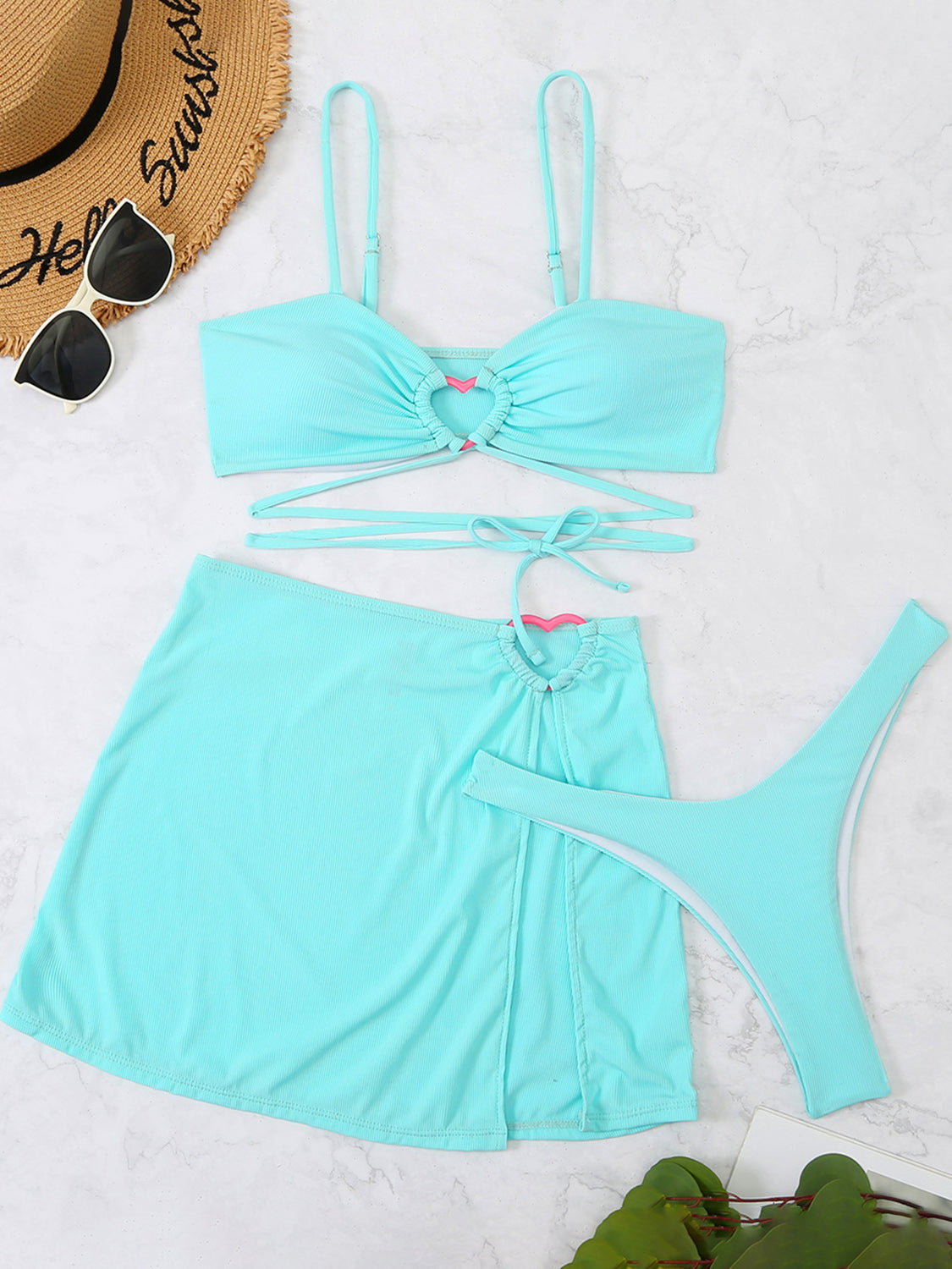 Cutout Spaghetti Strap Three-Piece Swim Set (4 Variants)