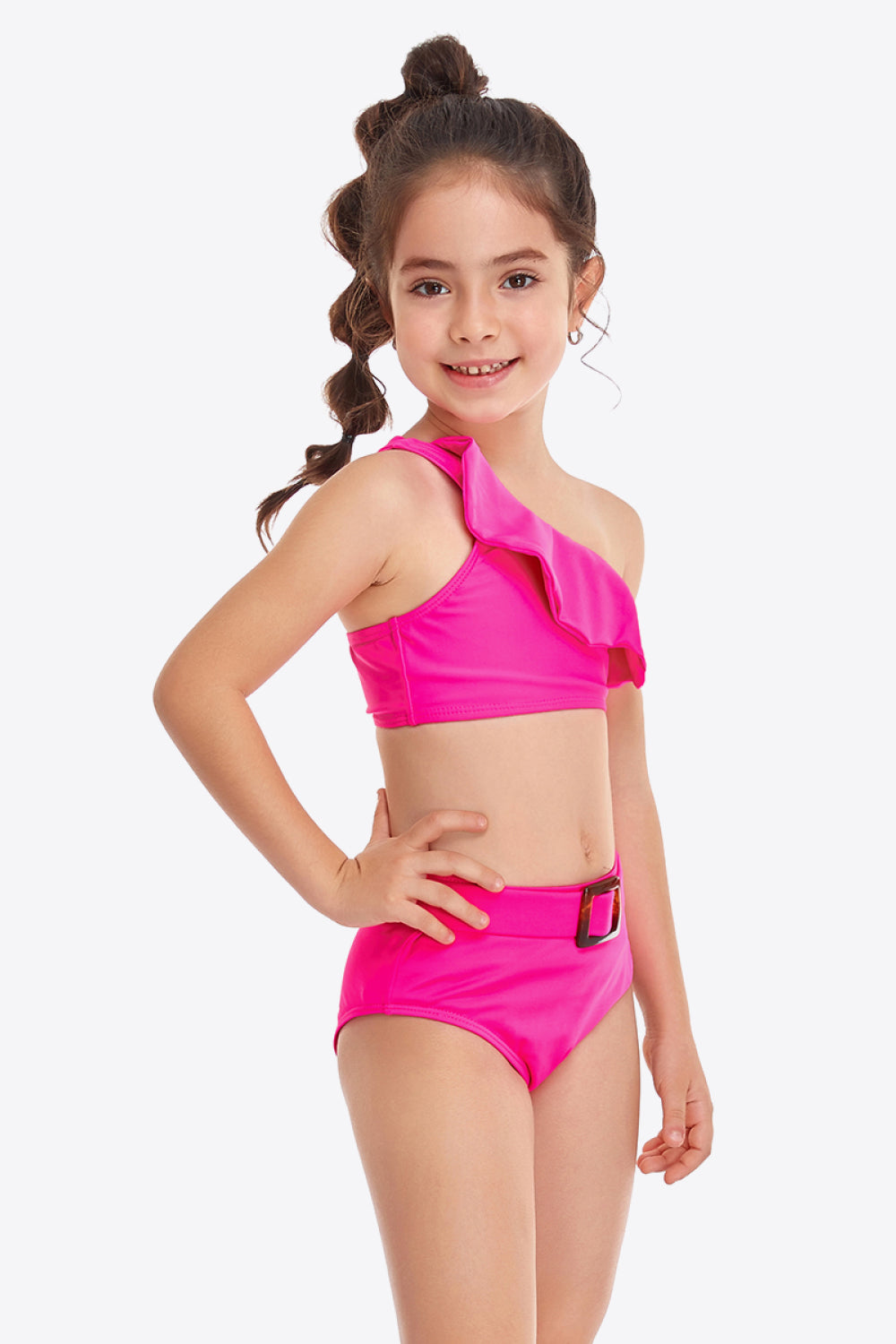 Girls Ruffled One-Shoulder Buckle Detail Two-Piece Swim Set