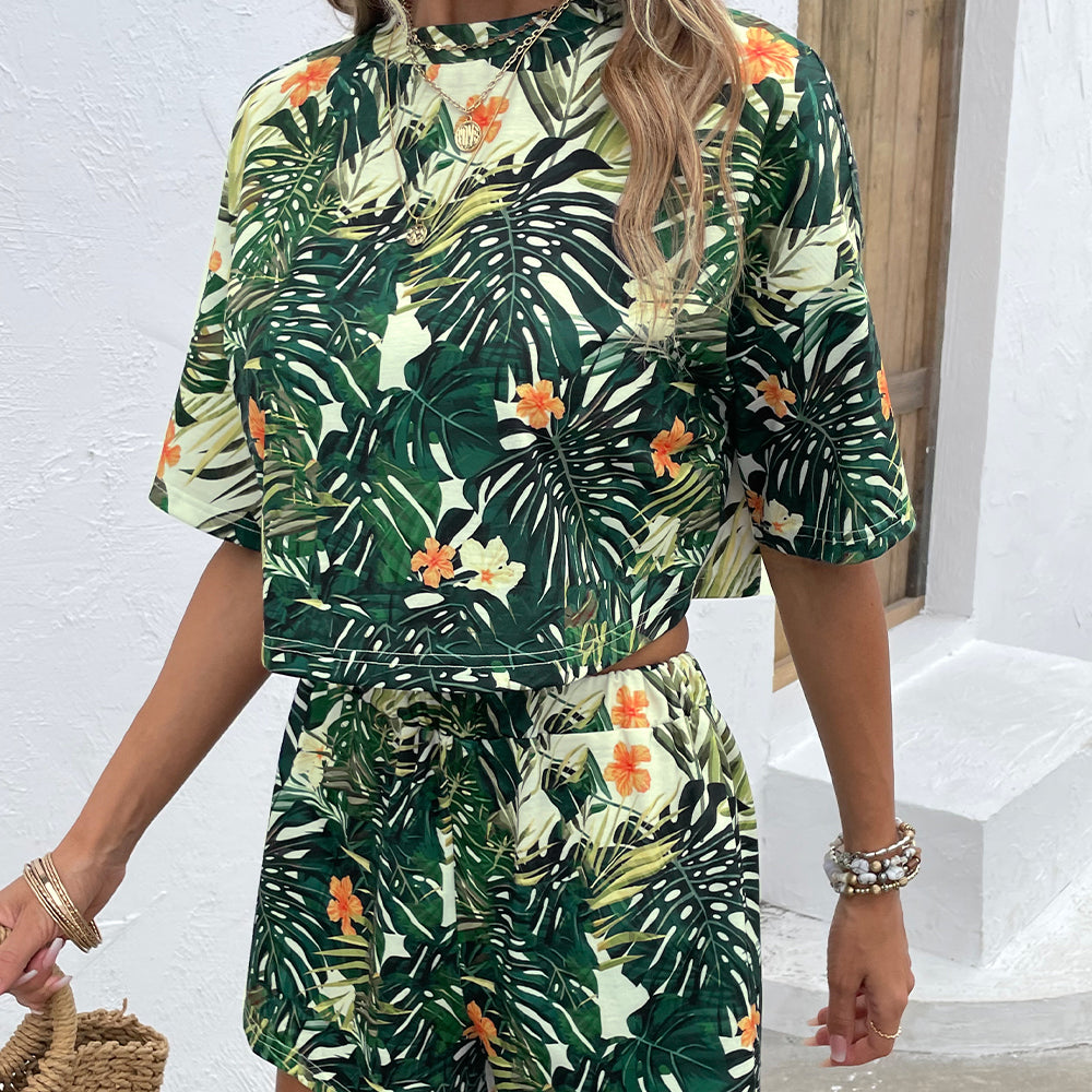 Green Palm Leaves Print Shirt & Shorts Set