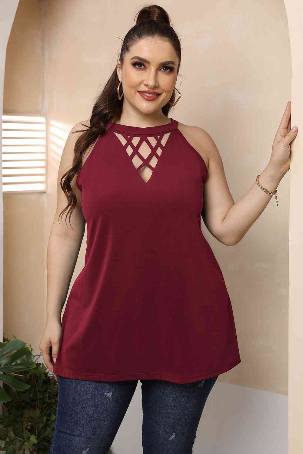 Plus Size Halter Neck Cutout Sleeveless Top (4 Variants)