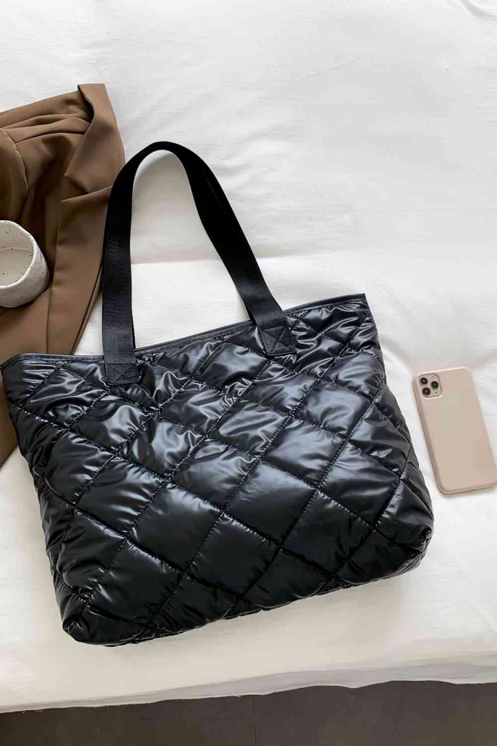 Shiny Black Shoulder Tote Bag