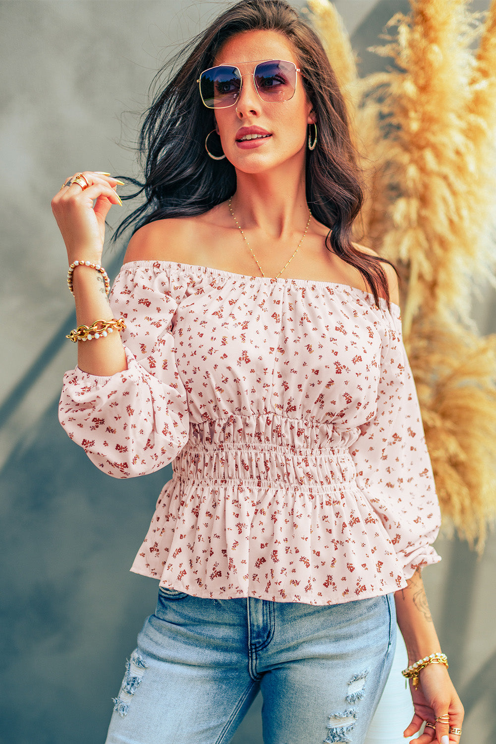 Ditsy Floral Off-Shoulder Peplum Blouse