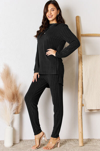 Ribbed High-Low Long Sleeve Top & Pants Set (Regular-Full Sizes)