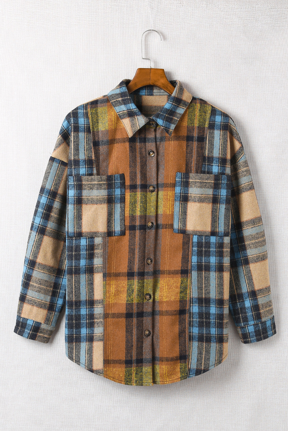 Plaid Curved Hem Shirt Jacket with Breast Pockets