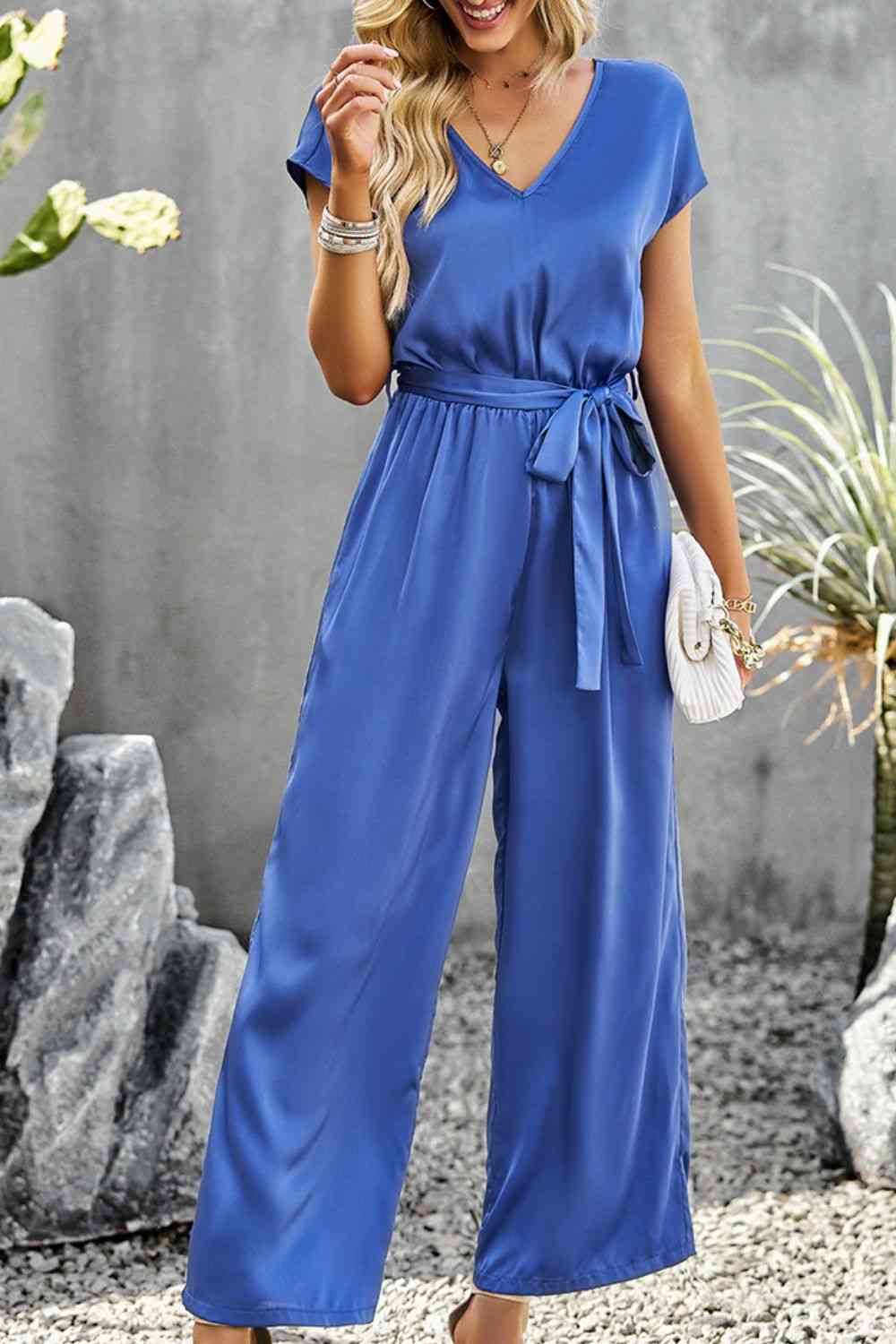 Tie Belt V-Neck Short Sleeve Jumpsuit (3 Variants)