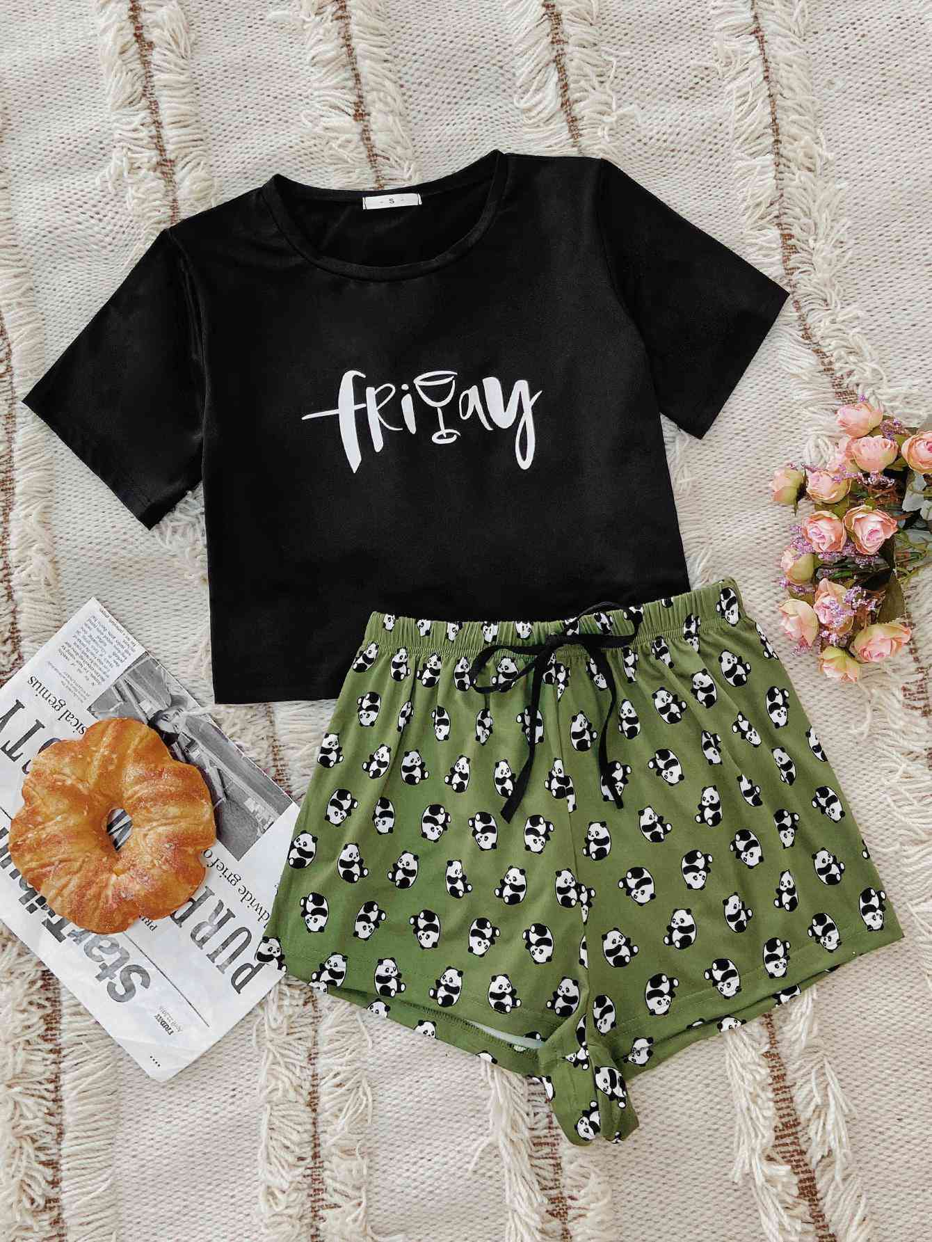 Friday/Friyay Tee and Panda Print Shorts Lounge Set