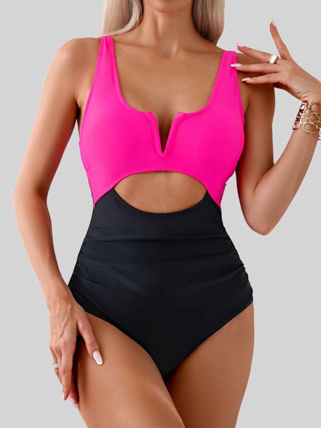 Tied Cutout Contrast One-Piece Swimwear (4 Variants)