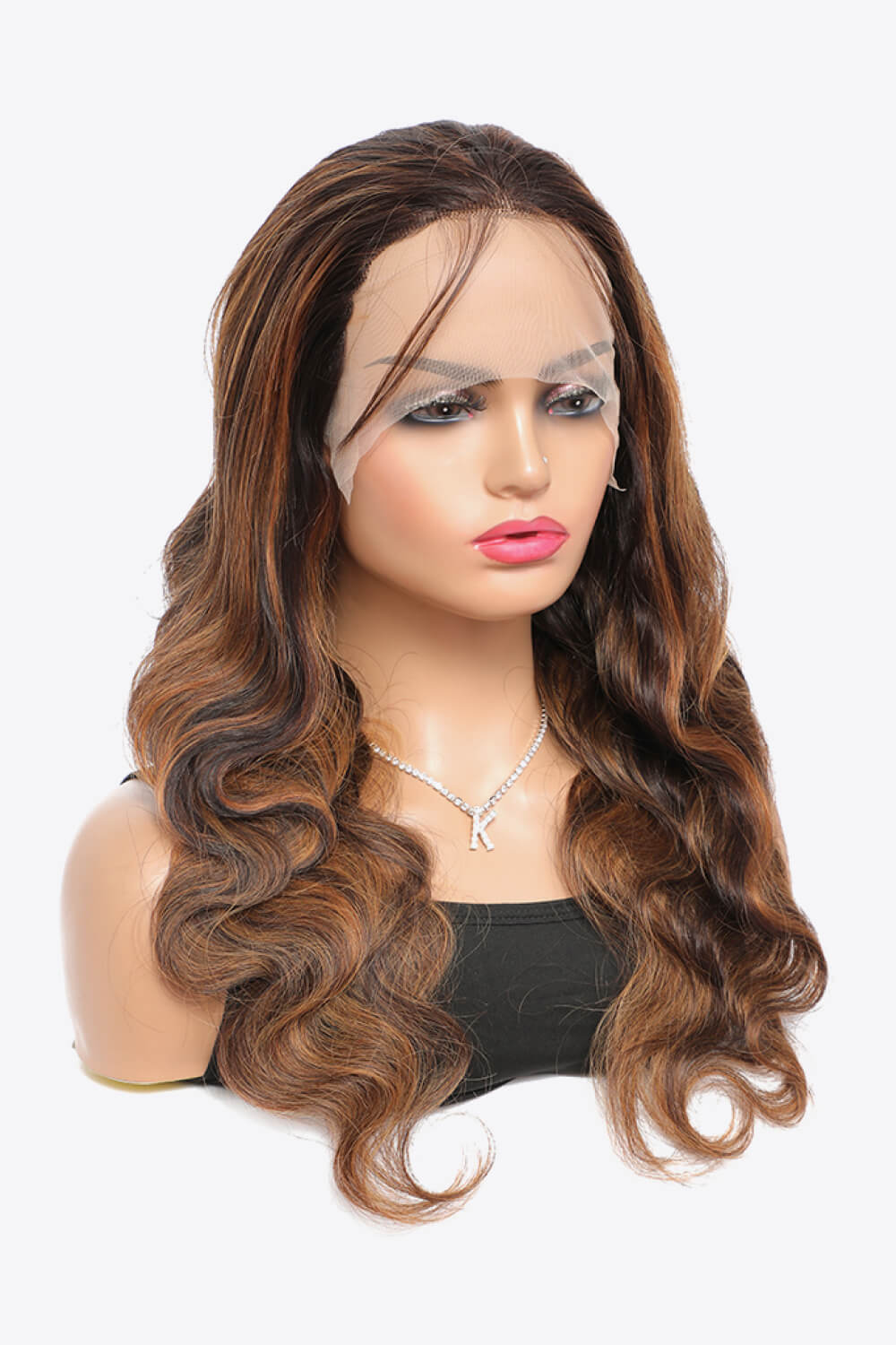 18" Brown/Caramel Highlights Deep Wave Lace Front Human Hair Wig