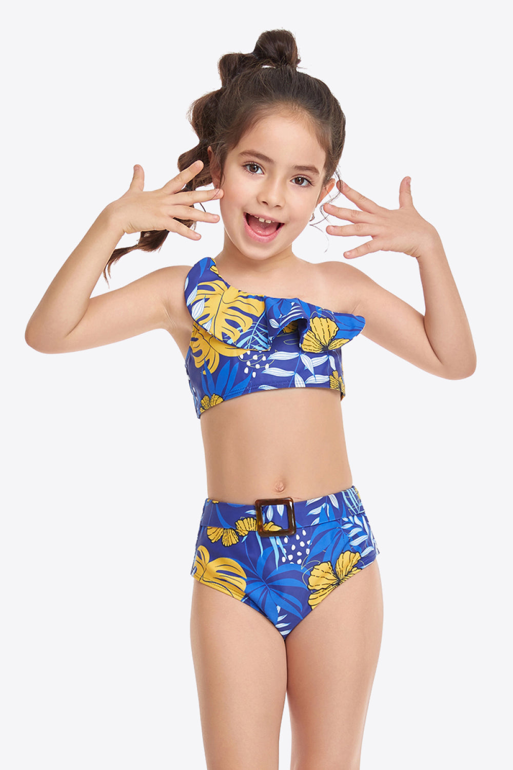 Girls Ruffled One-Shoulder Buckle Detail Two-Piece Swim Set