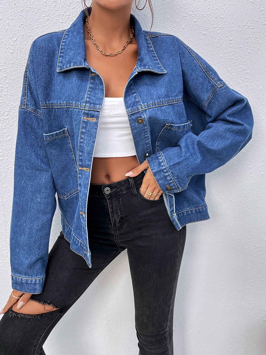 Collared Neck Dropped Shoulder Denim Jacket