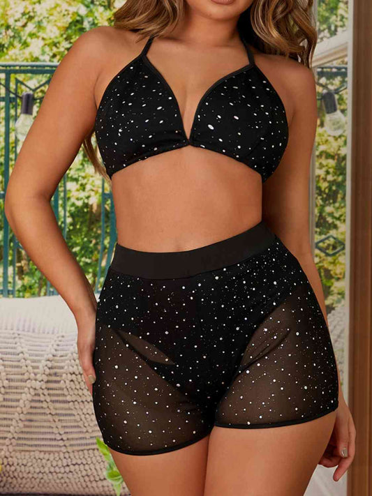 Rhinestone Halter Neck Bralette and Shorts Set