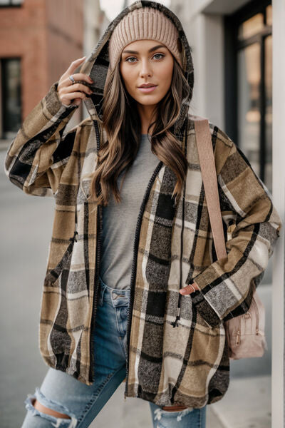 Plaid Zip Up Drawstring Hooded Jacket