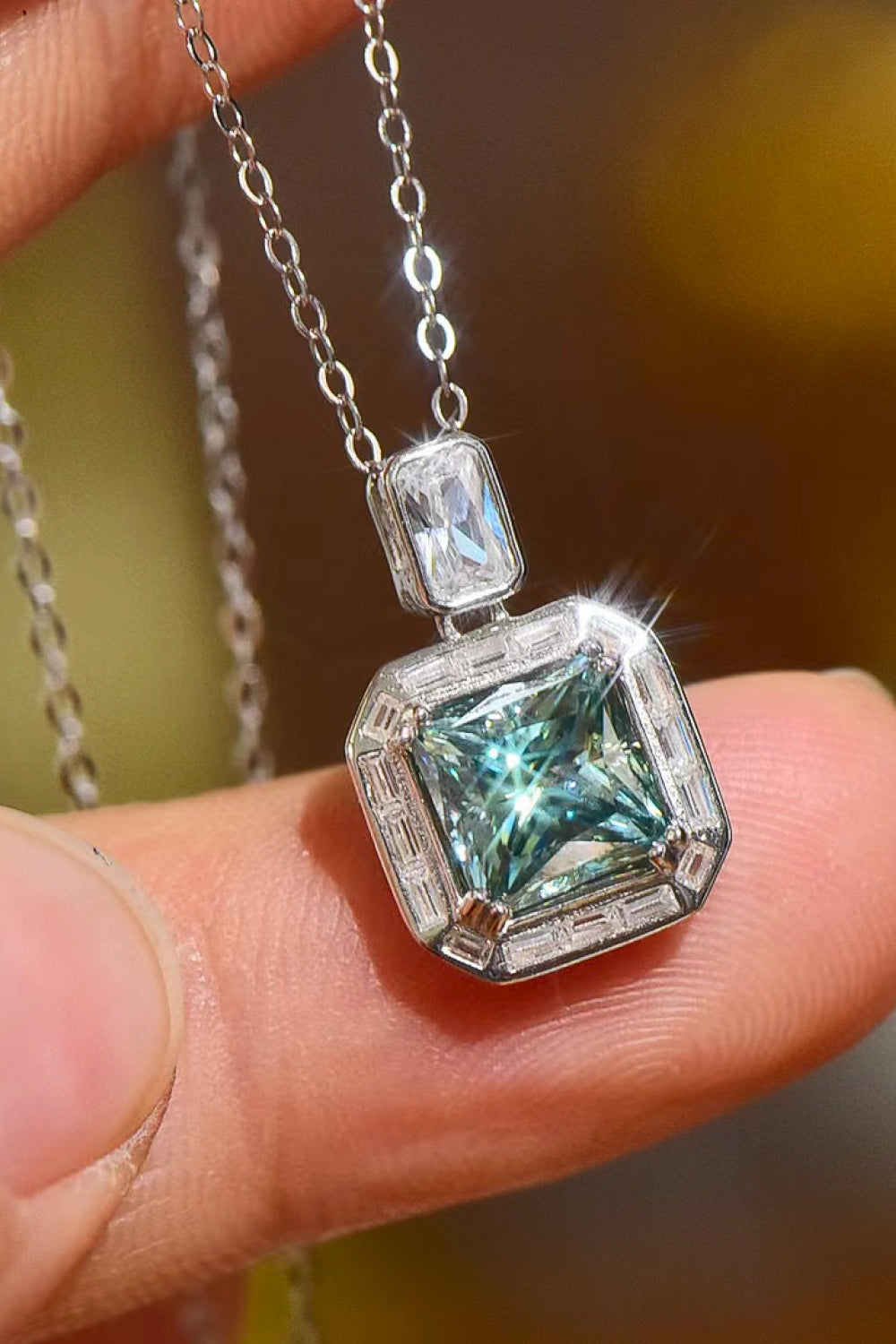 2 Carat Moissanite Square Teal Pendant Necklace