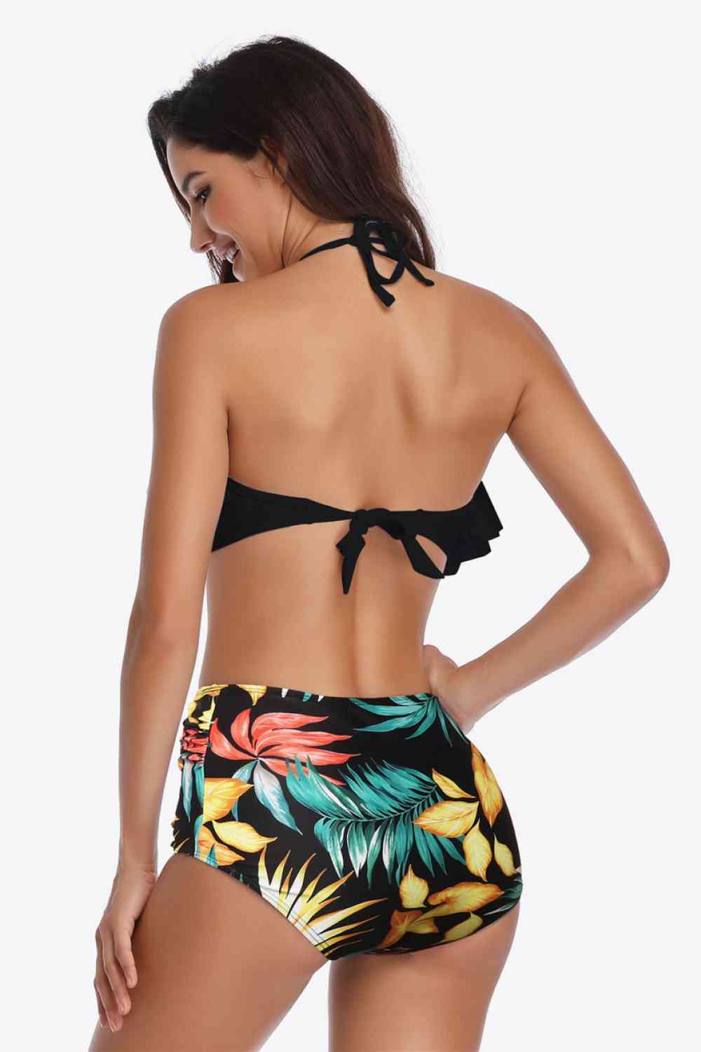 Two-Tone Ruffled Halter Neck Two-Piece Swimsuit (12 Variants)