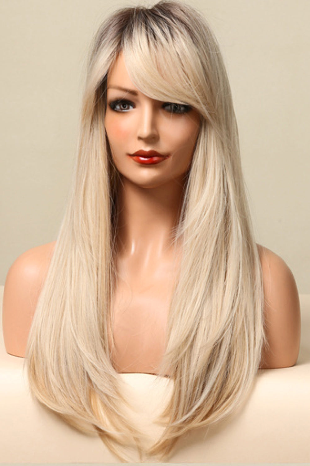 26" Long Straight Blonde/Dark Root Layered Wig With Bangs