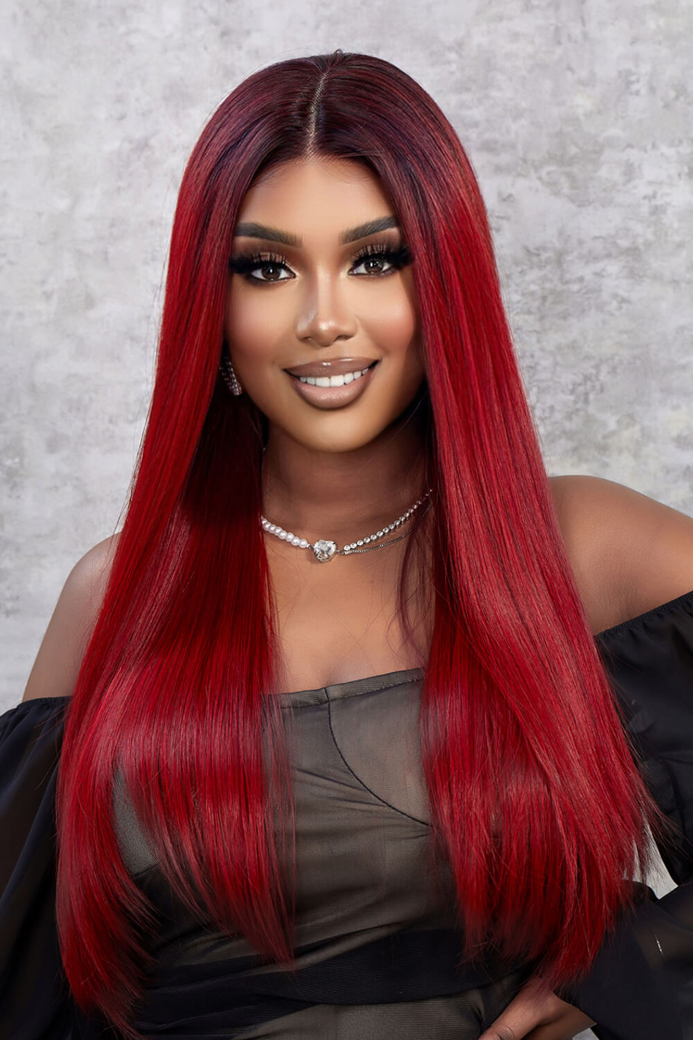 24" Cherry Red/Dark Root Blend Straight Synthetic Lace Front Wig