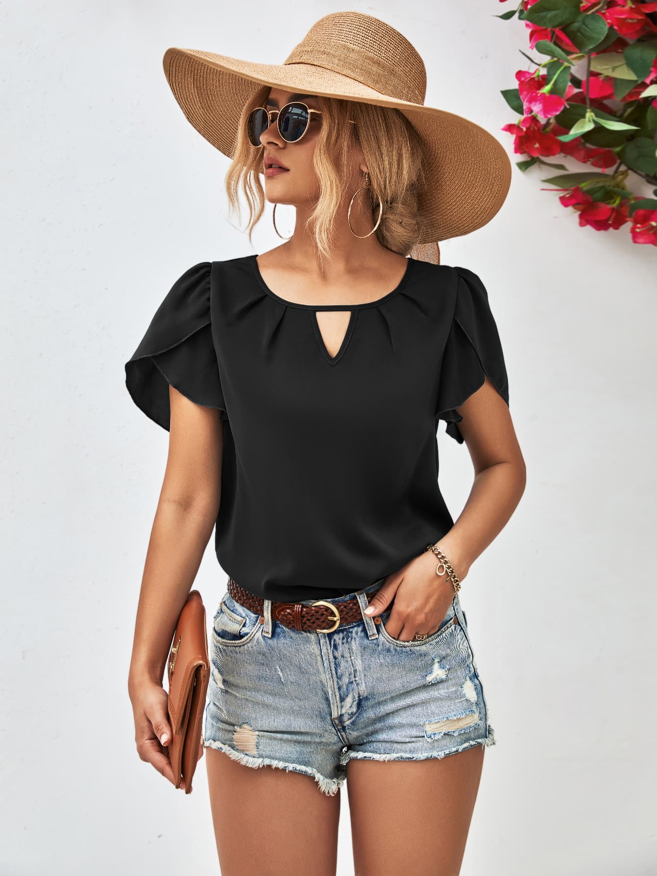 Cutout Round Neck Petal Sleeve Blouse (2 Variants)