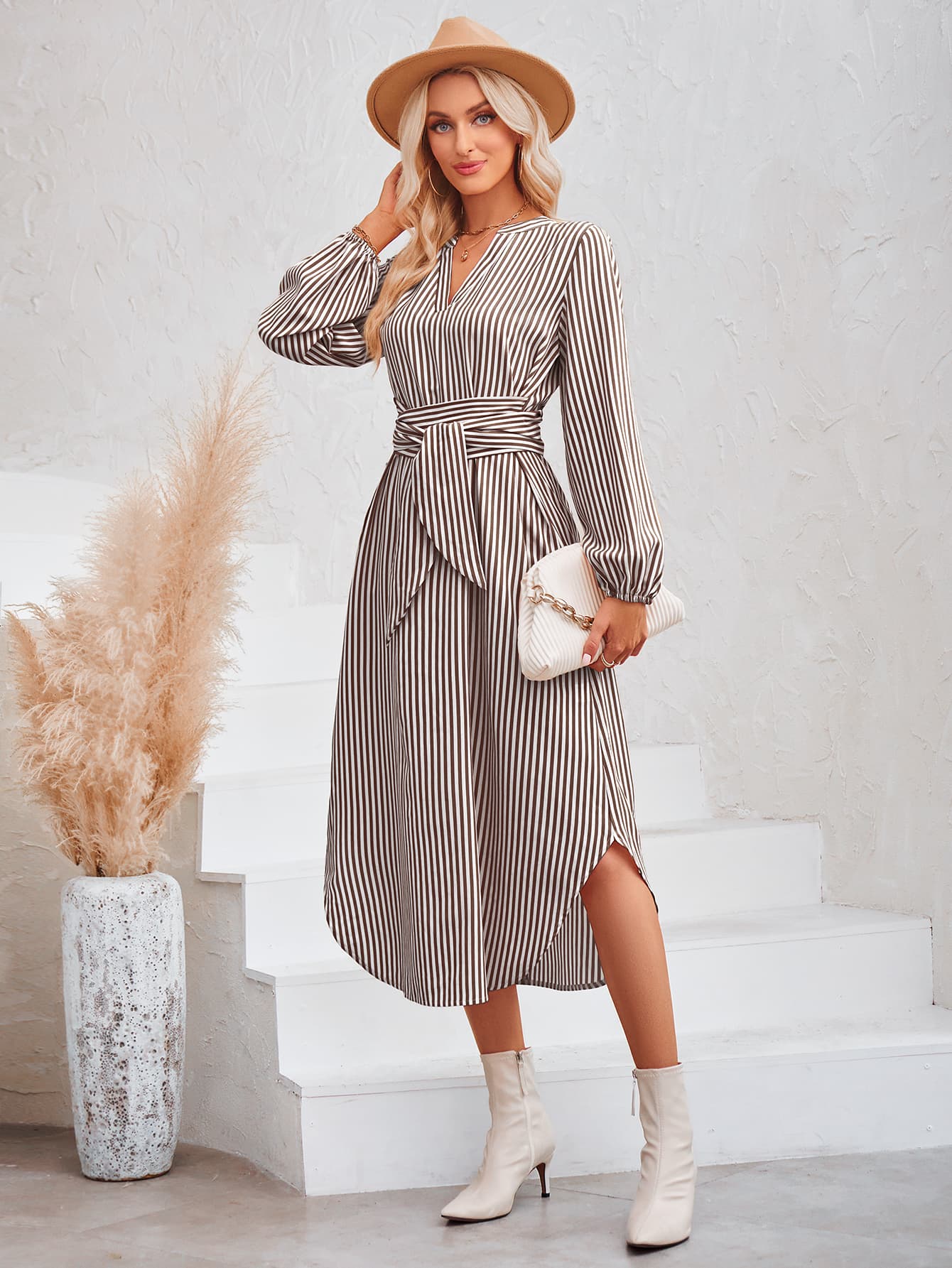 Striped Notched Neck Curved Hem Long Sleeve Dress (3 Variants)