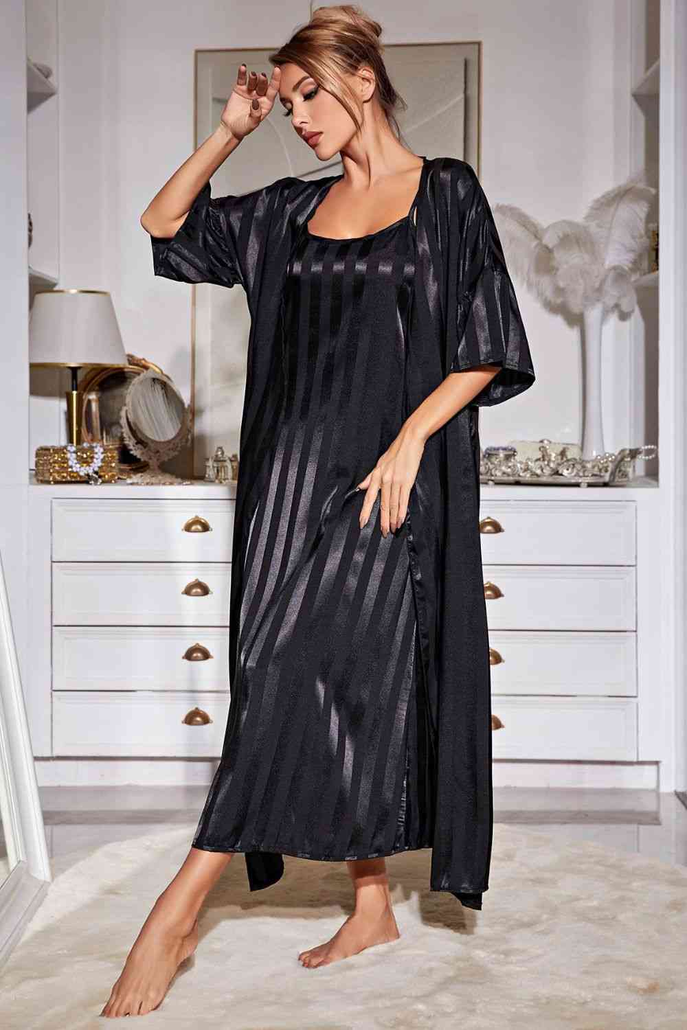 Striped Open Front Robe and Cami Night Gown Set