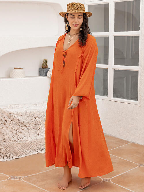 Plus Size Tie Neck Long Sleeve Slit Dress (2 Variants)