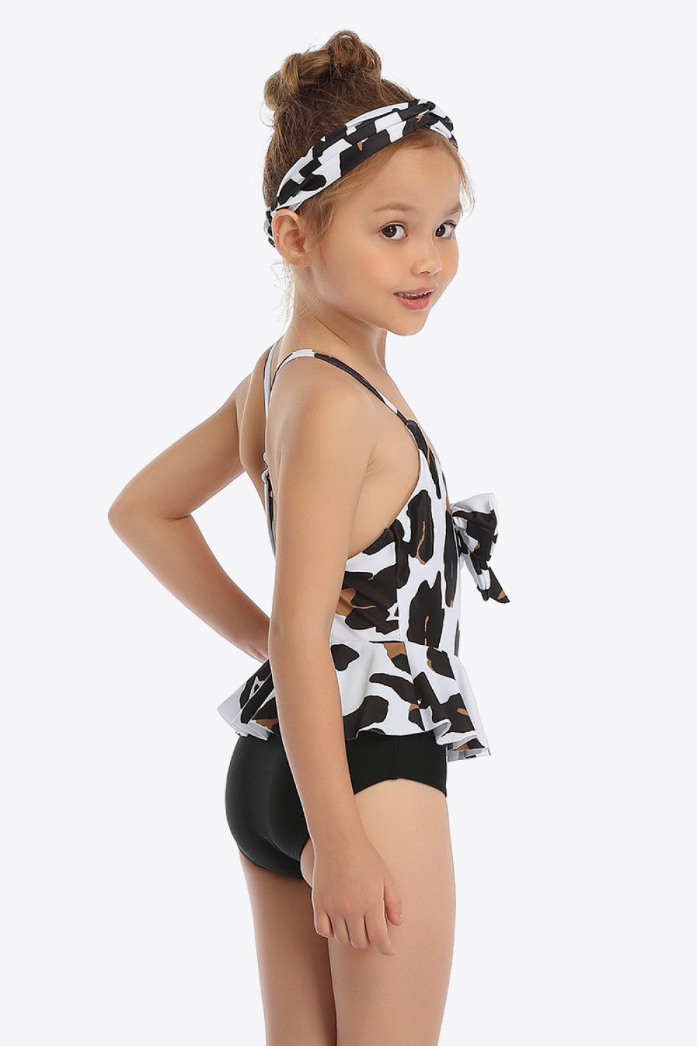 Girls Printed Bow Detail Ruffled One-Piece Swimsuit