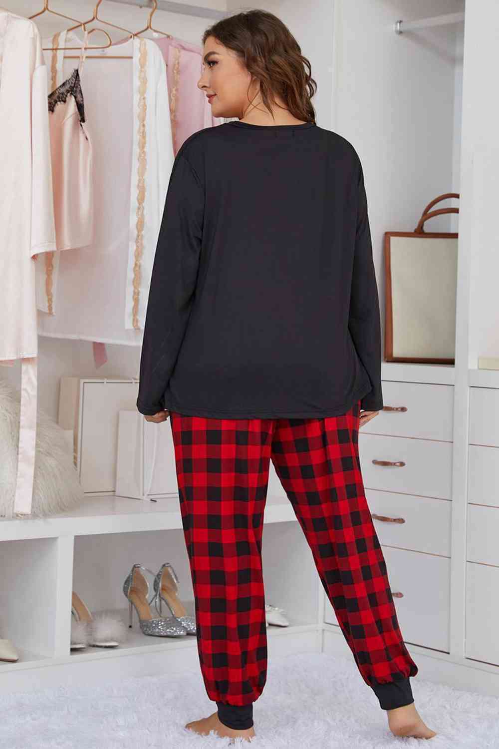 Plus Size Heart Top and Plaid Joggers Lounge Set