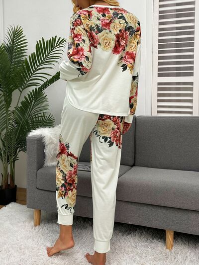 Printed Round Neck Top and Drawstring Pants Lounge Set